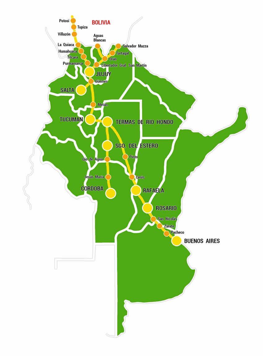 Mapa de rutas de Balut mostrando las rutas y destinos en el norte de Argentina y Bolivia